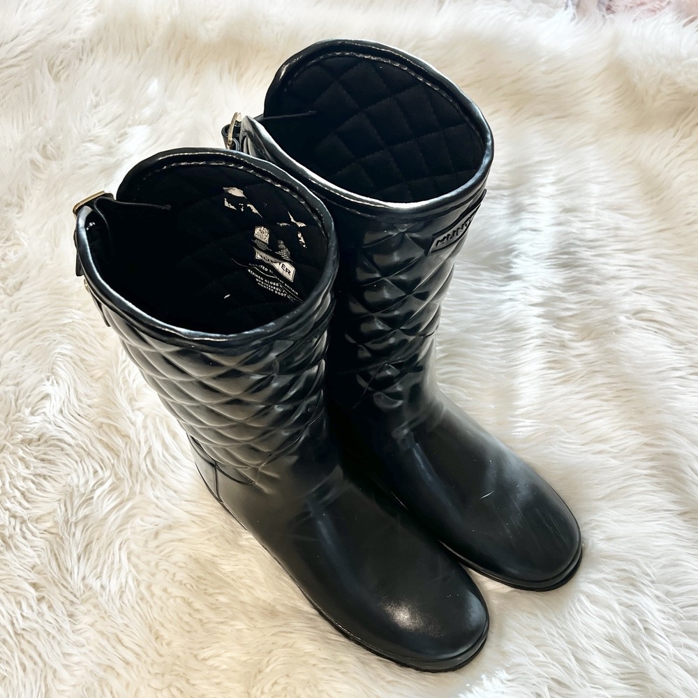Women Hunter Refined Black Gloss Quilted Short Rain Rubber Boots Sz 9? See Chart